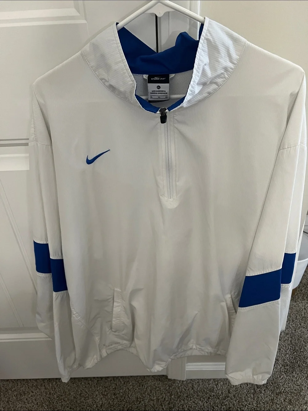Nike White Windbreaker with Royal Blue Accents - Quarter-Zip Pullover